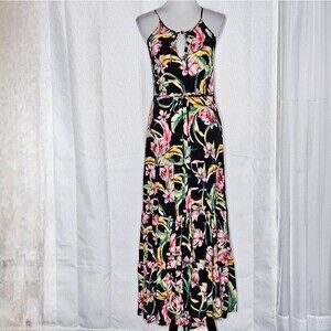 Band of Gypsies Boho Chic  Floral Keyhole Halter Neck Belted Tiered Maxi Dress